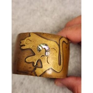 Brass‎ Cuff Bracelet Cat Cutout Abalone Inlay Wide Adjustable Artisan Boho Art